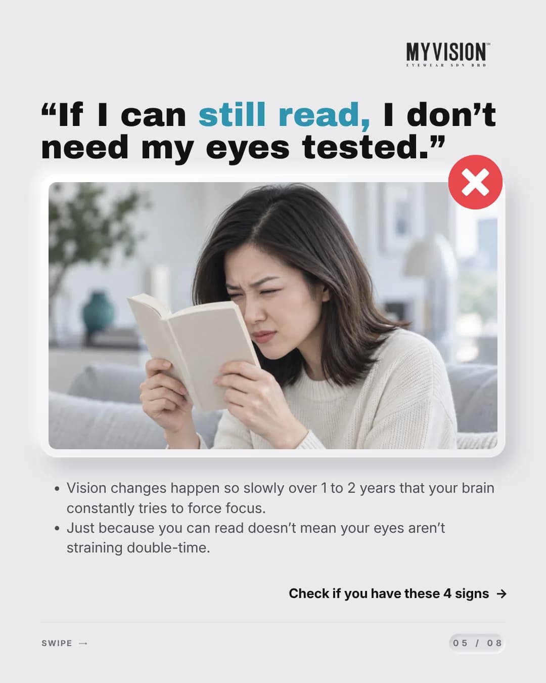 A woman holding an open book close to her face to read it, next to a red cross.