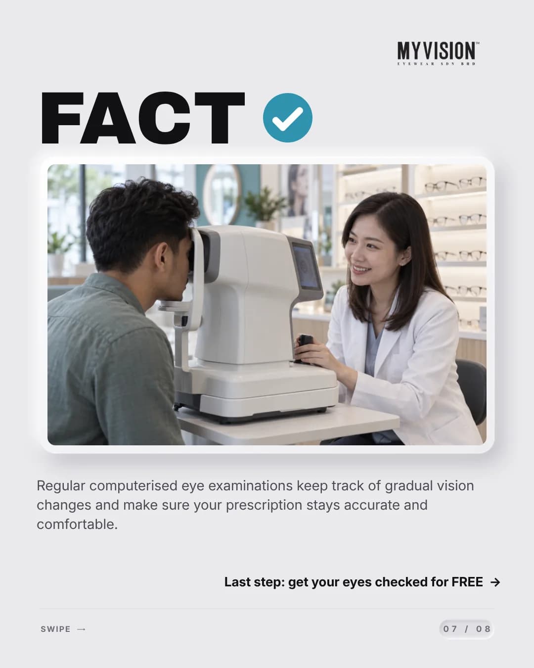 An optometrist smiling as a customer looks into a computerised eye-examination machine in store.