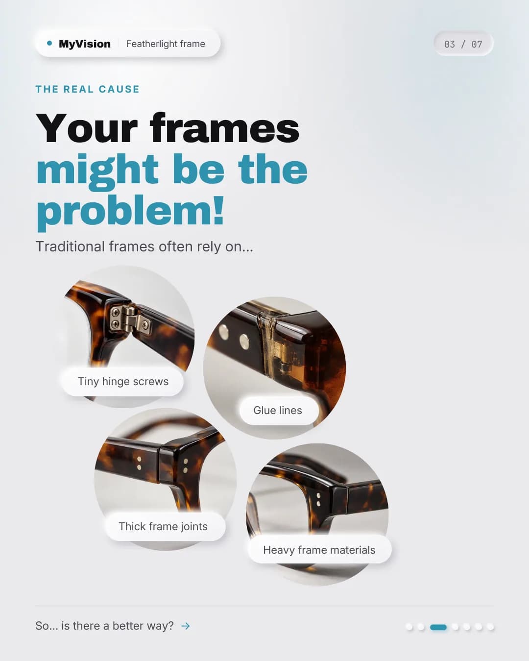 Four macro close-ups of a tortoiseshell frame: tiny hinge screws, glue lines, thick frame joints and heavy frame materials.