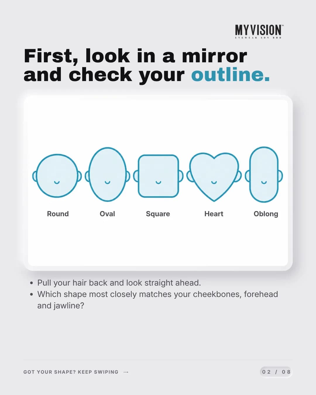 A row of five face outlines labelled round, oval, square, heart and oblong.