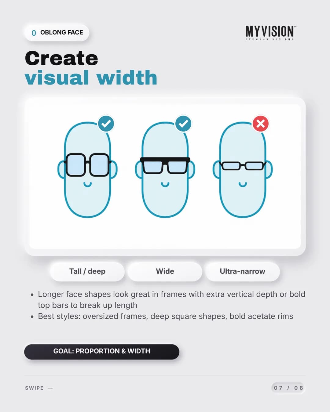 Three oblong face outlines wearing tall, wide and ultra-narrow frames — the first two ticked, the last crossed out.