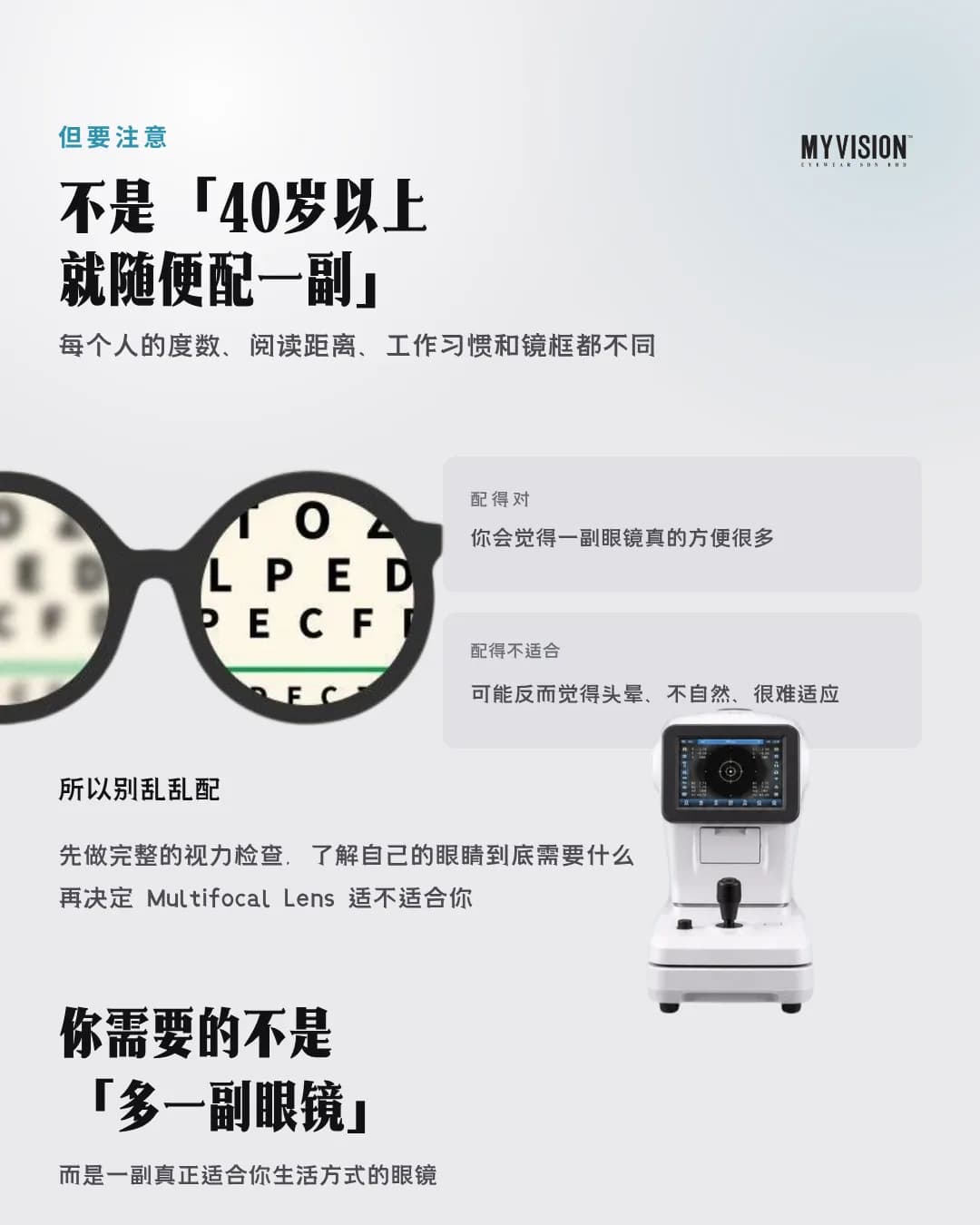 一副镜片上印着视力表的眼镜,旁边是一台验光仪器。