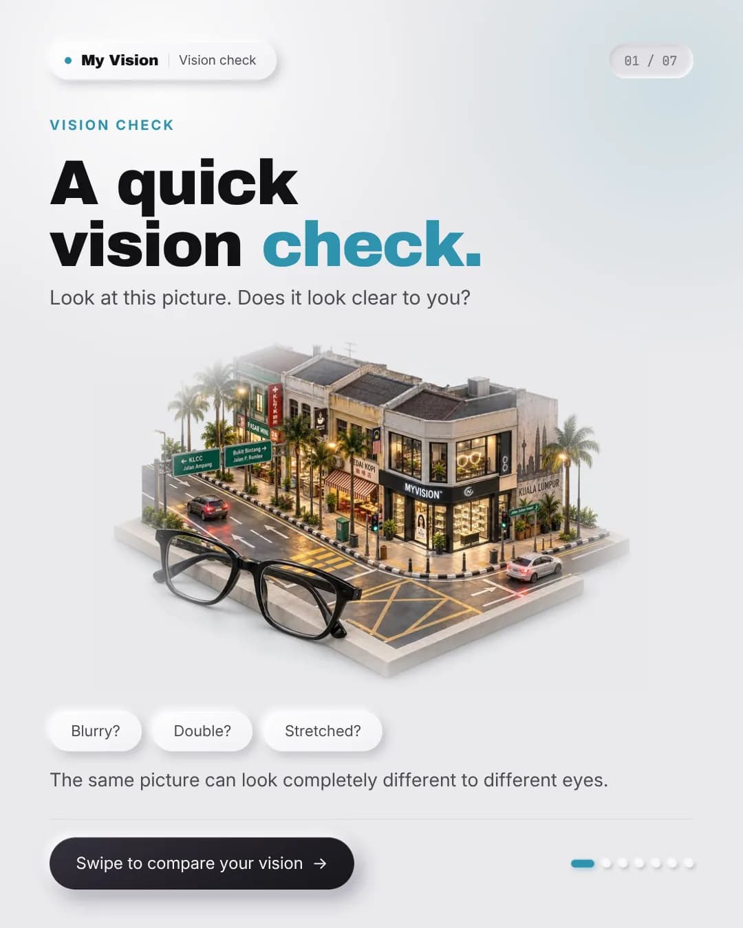 An isometric 3D street corner with a pair of glasses resting in front of it — the picture to test your vision against.